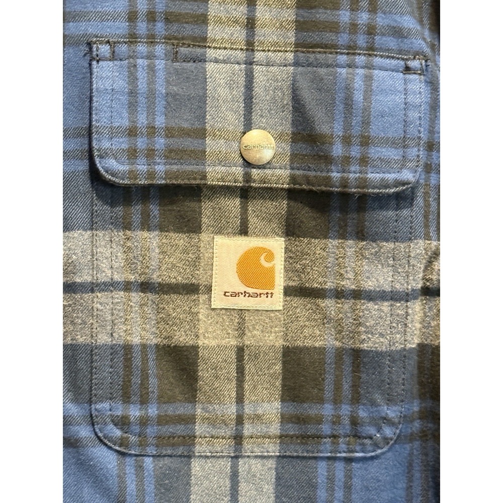 Carhartt Shirt Jacket Mens Lg Blue Plaid Sherpa Lined Flannel Snap Front 103821 - Picture 3 of 8